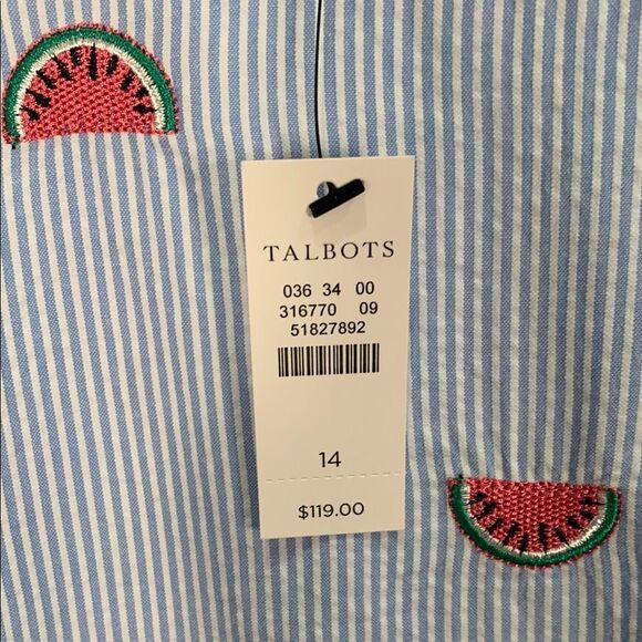Talbots NWT seersucker Blue striped Watermelon embroidered dress size 14 $119 - Picture 7 of 12